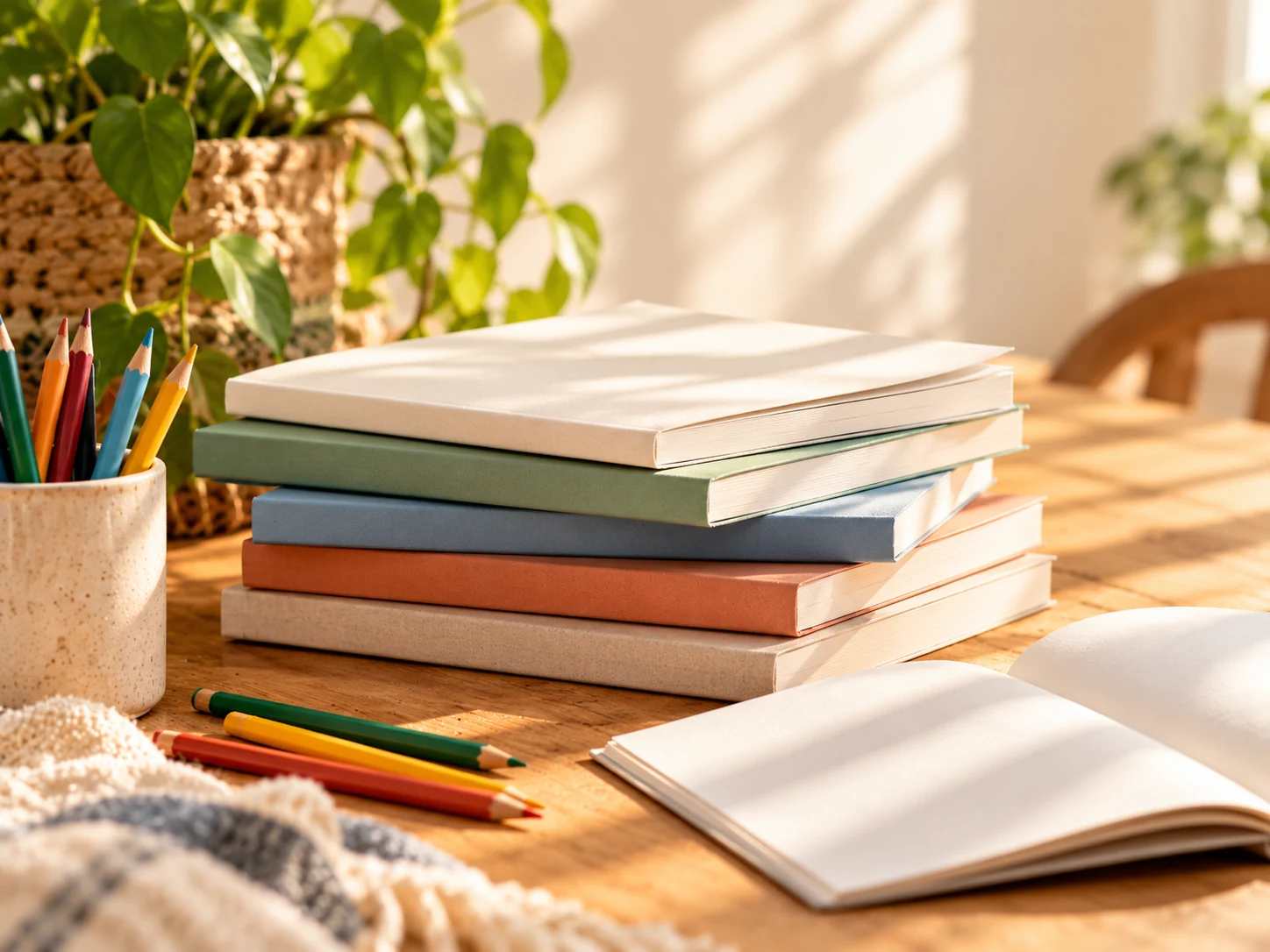 A sunlit stack of neutral books, a blank notebook, and colored pencils on a wooden tabletop